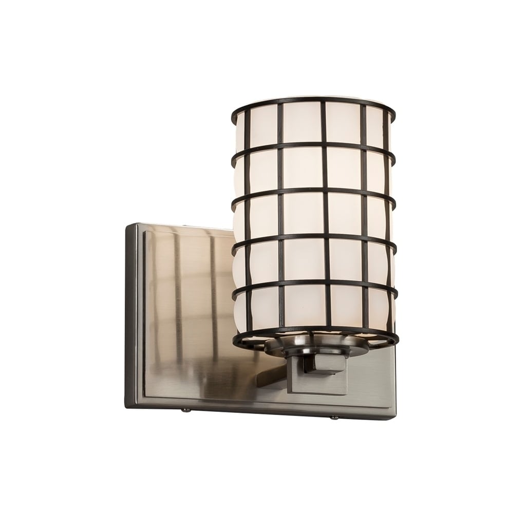 Justice Design Wire Glass Era 1-light Brushed Nickel Wall Sconce, Grid with Opal Cylinder - Flat Rim Shade - Silver