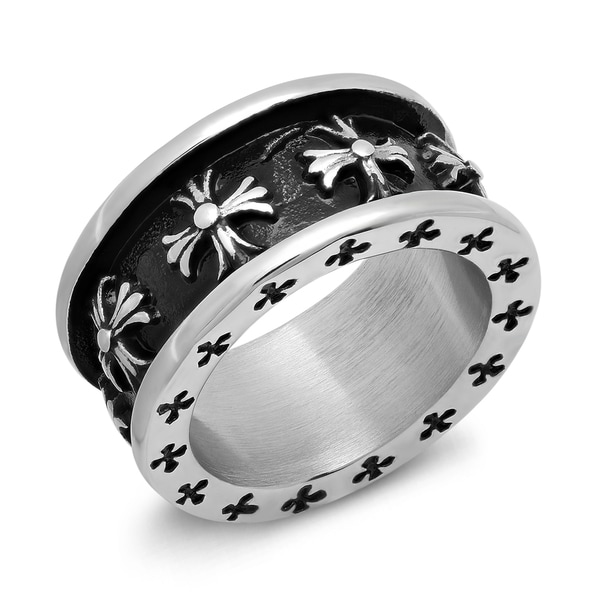 Shop Stainless Steel and Black IP Fleur-de-lis Band Ring ...