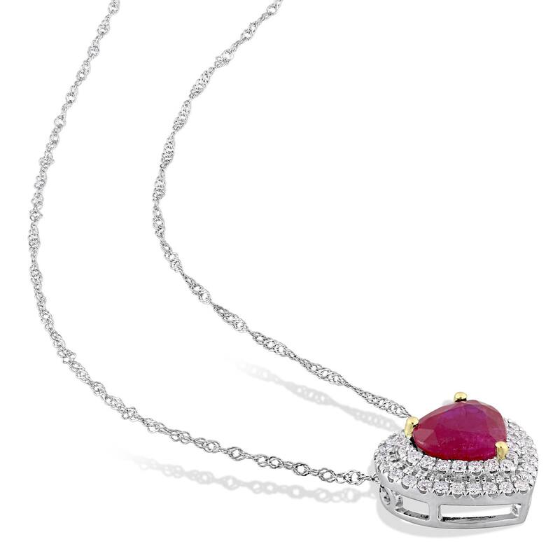 Miadora Signature Collection 14k White Gold with Yellow Gold Prongs Heart-Cut Ruby Diamond Double Halo Necklace - Red