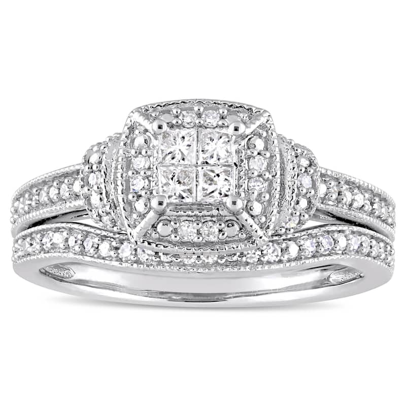 Miadora Signature Collection 10k White Gold 1/3ct TDW Princess and Round-Cut Diamond Quad Halo Bridal Set