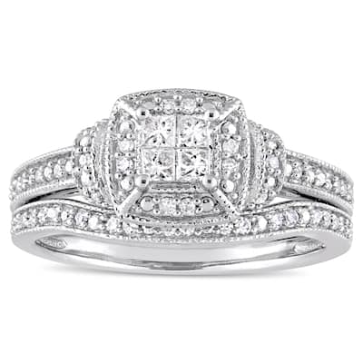Miadora Signature Collection 10k White Gold 1/3ct TDW Princess and Round-Cut Diamond Quad Halo Bridal Set