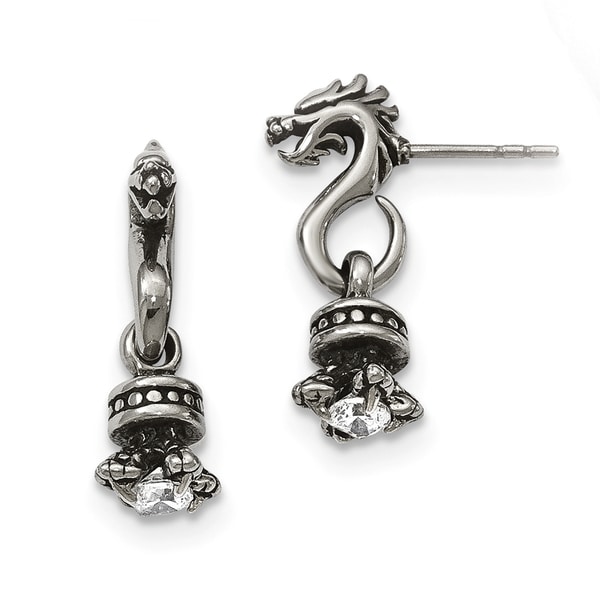 Stainless Steel Antiqued And Polished With Cz Dragon Post Stainless Steel Antiqued And Polished With Cz Dragon Post Earrings