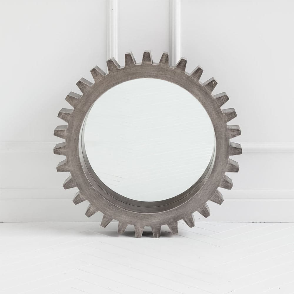 Sundance Grey Solid Wood Frame Round Cog Mirror - 26" x 26"
