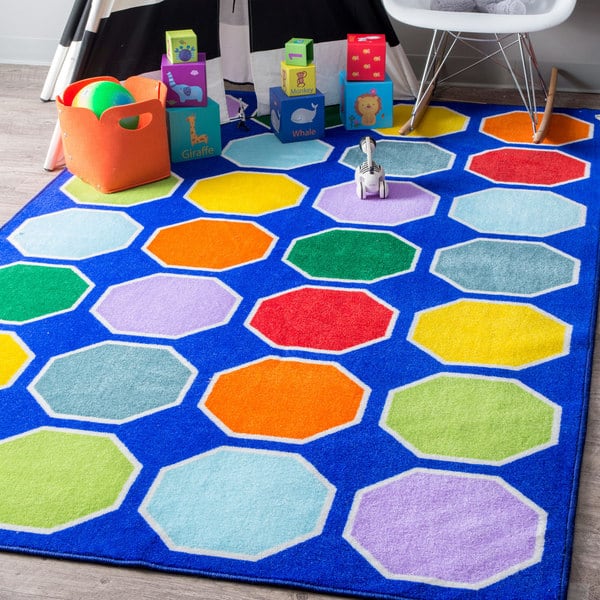 slide 2 of 9, Nuloom Blue Playtime Geometric Octagons Educational Kids Area Rug