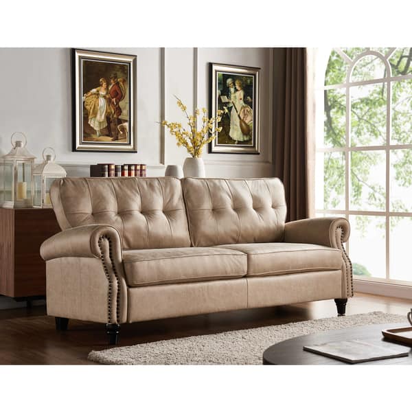 Handy Living Victoria Sofast Sofa In Tan Distressed Faux Handy Living Victoria Sofast Sofa