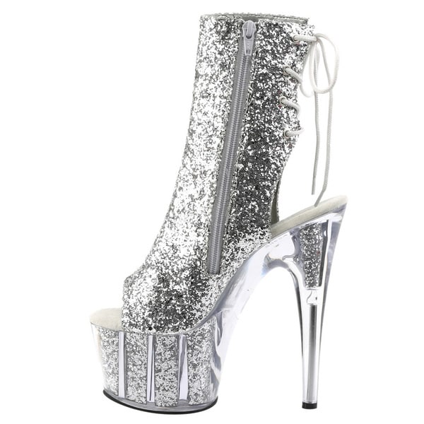 Pleaser 6/" open toe silver glitter lace up ankle boots