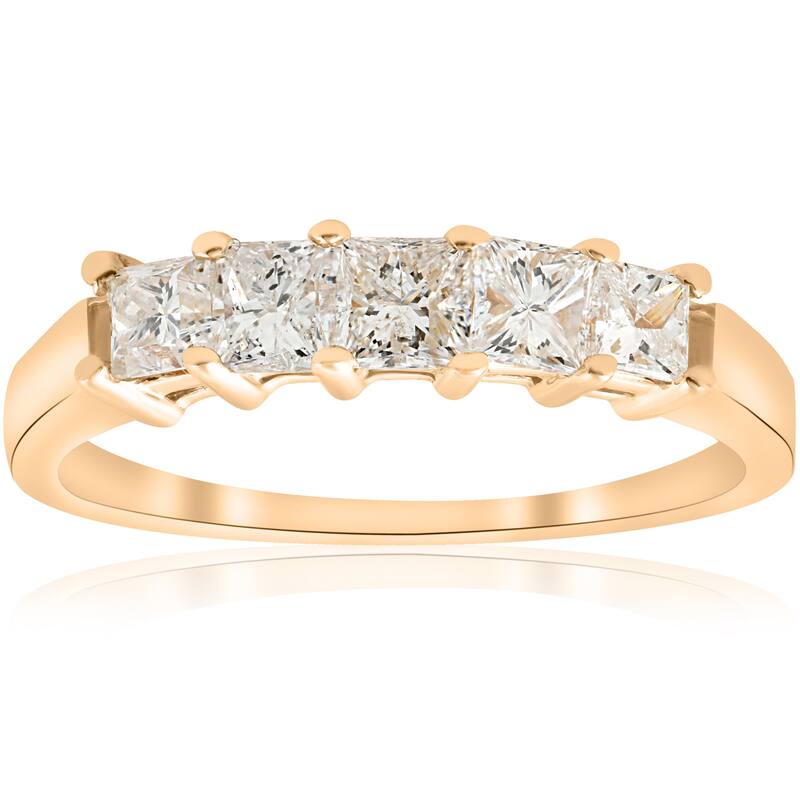 14k Yellow Gold 1 ct TDW Five Stone Princess Cut Diamond Wedding Anniversary Ring (I-J,I1-I2) - White