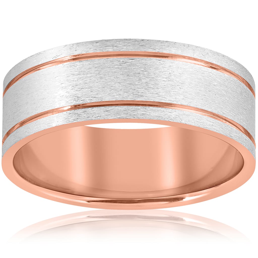 Bliss Diamond 14k Rose Gold 8MM Two Tone Flat Brushed Comfort Fit Mens Wedding Band