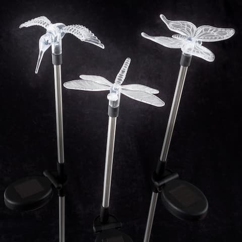 Yard Décor, Solar Outdoor 3pc LED Stake Butterfly, Hummingbird & Dragonfly Light Battery Operated Ornament by Pure Garden