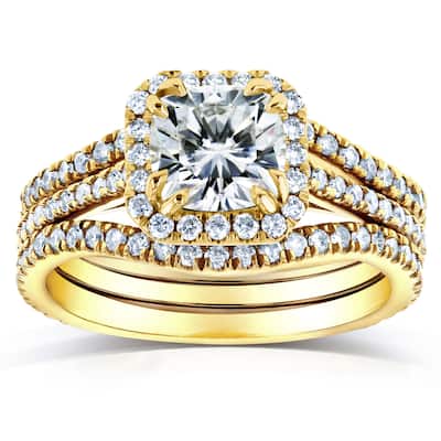 Annello by Kobelli 14k Yellow Gold 1 4/5ct TGW Moissanite and Diamond Bridal Rings 3-pc Set