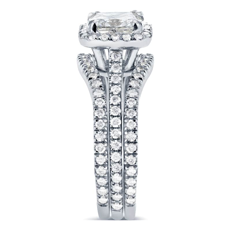 Annello by Kobelli 14k White Gold 1 4/5ct TGW Cushion-cut Moissanite and Diamond Halo Bridal Rings 3-pc Bridal Set