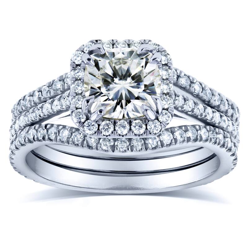 Annello by Kobelli 14k White Gold 1 4/5ct TGW Cushion-cut Moissanite and Diamond Halo Bridal Rings 3-pc Bridal Set