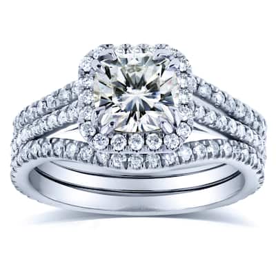 Annello by Kobelli 14k White Gold 1 4/5ct TGW Cushion-cut Moissanite and Diamond Halo Bridal Rings 3-pc Bridal Set