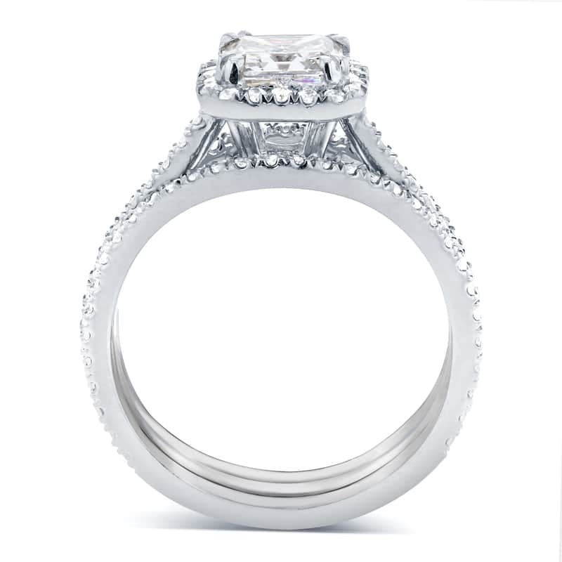 Annello by Kobelli 14k White Gold 1 4/5ct TGW Cushion-cut Moissanite and Diamond Halo Bridal Rings 3-pc Bridal Set
