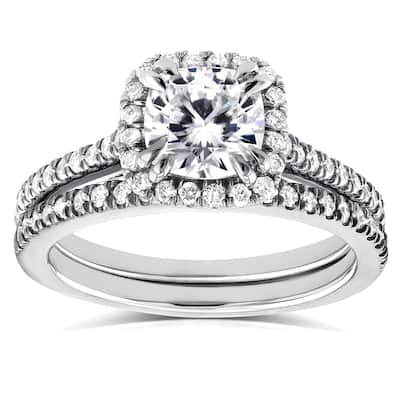 Annello by Kobelli 14k White Gold 1 1/2ct TCW Forever One Colorless (DEF) Moissanite and Diamond Bridal Rings Set