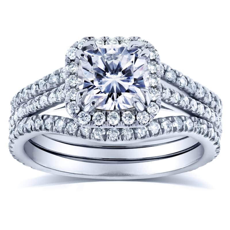 Annello by Kobelli 14k White Gold 1 4/5ct TCW Forever One Colorless (DEF) Moissanite and Diamond Bridal Rings 3-pc Set
