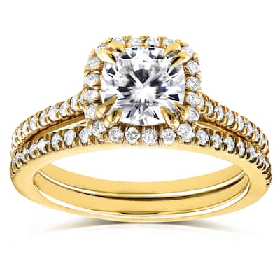 Annello by Kobelli 14k Yellow Gold 1 1/2ct TCW Forever One Colorless (DEF) Moissanite and Diamond Bridal Rings Set