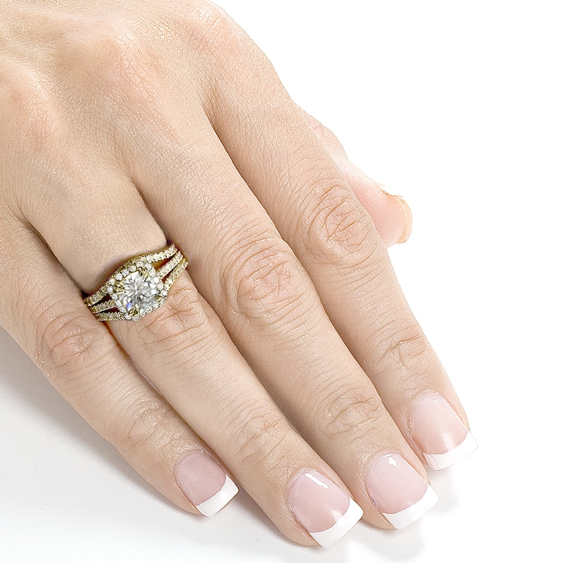 Annello by Kobelli 14k Yellow Gold 1 4/5ct TCW Forever One Colorless (DEF) Moissanite and Diamond Bridal Rings 3-pc Set