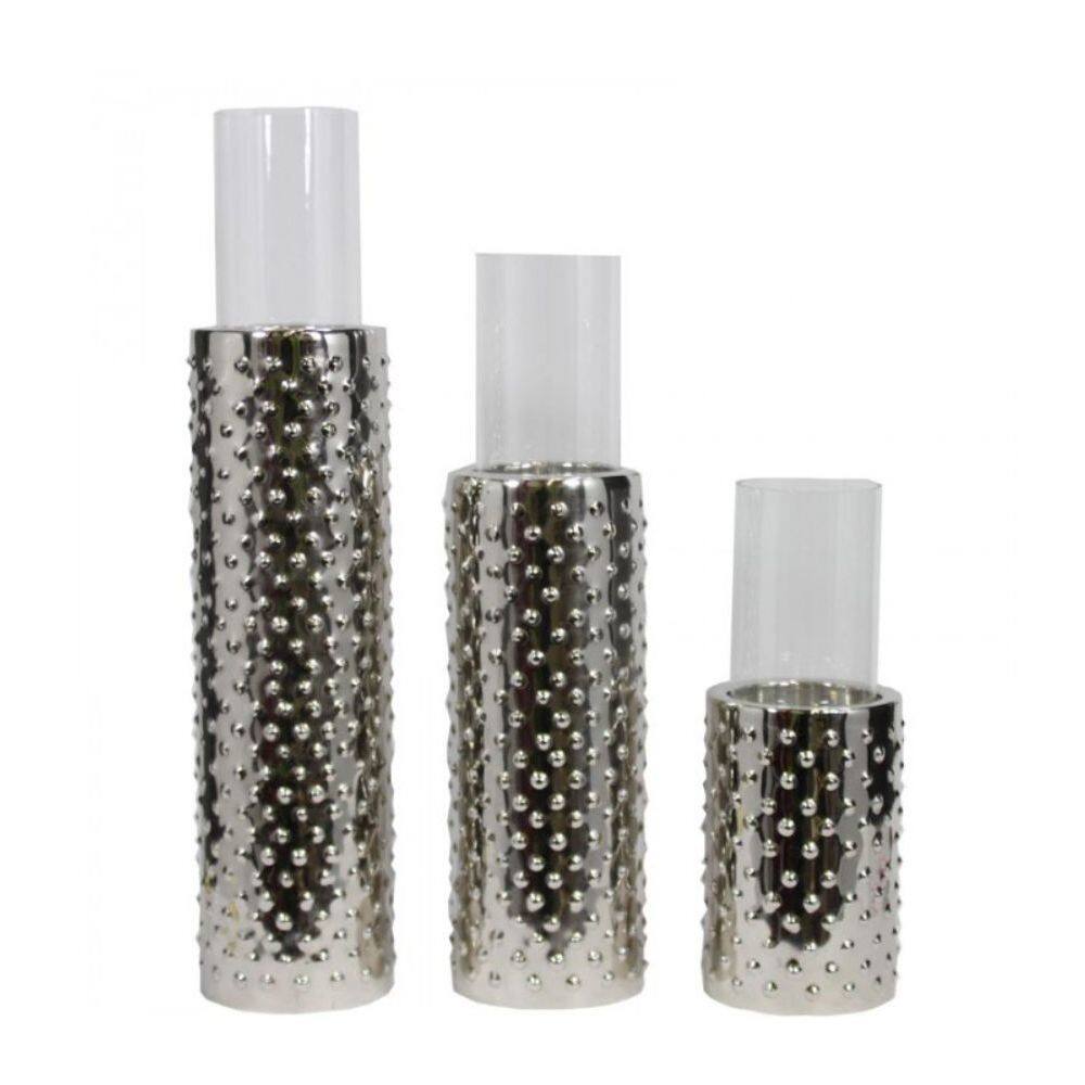Benzara Mosaic Silvertone Chrome/Ceramic Pillar Candle Holders (Set of 3)