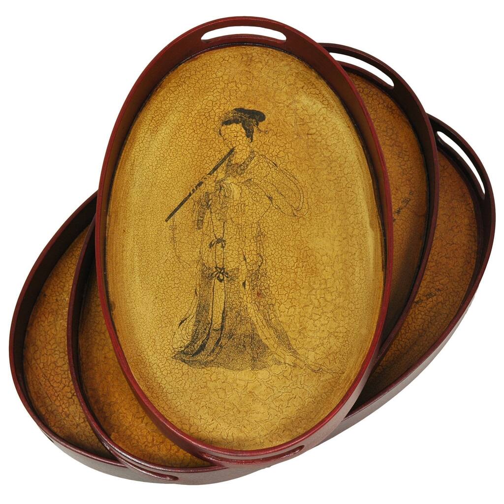 Lady Playing Flute Brown Antique-finish Platter/Tray Set (China)