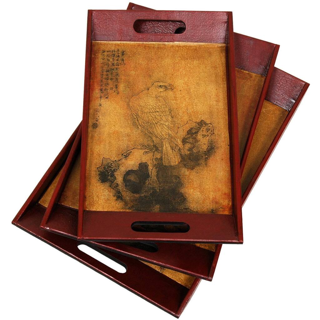 Handmade Bird on a Wire Lacquered Mahogany and Elm Wood Tray Set (China)