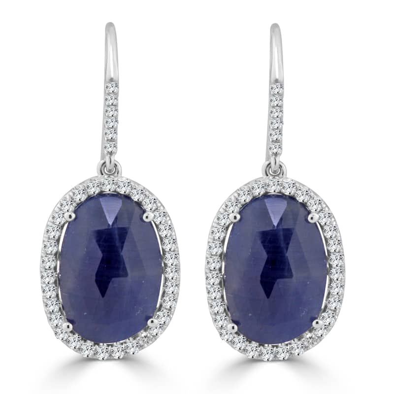 Auriya Fancy 15ct Blue Sapphire Oval and 1 1/10ctw Halo Diamond Earrings by Auriya
