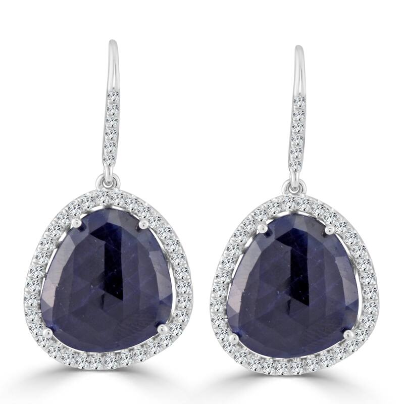 Auriya Fancy Shaped 15ct Blue Sapphire and 1 1/5ctw Halo Diamond Drop Earrings 14k White Gold