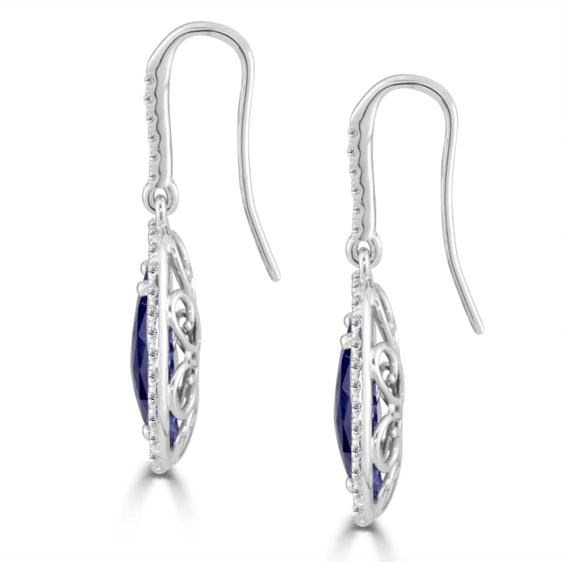 Auriya Fancy Shaped 15ct Blue Sapphire and 1 1/5ctw Halo Diamond Drop Earrings 14k White Gold