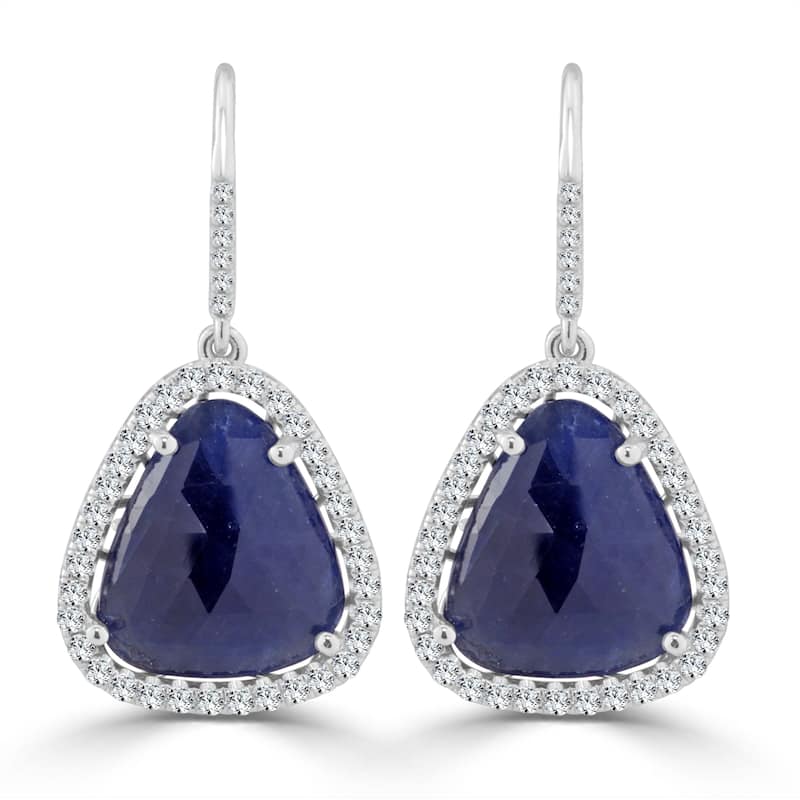 Auriya Fancy Shaped 15ct Blue Sapphire and 1 1/5ctw Halo Diamond Drop Earrings 14k White Gold