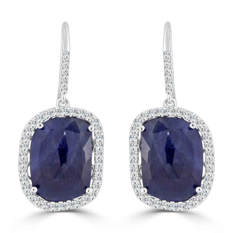 Auriya Fancy Shaped 15ct Blue Sapphire and 1 1/5ctw Halo Diamond Drop Earrings 14k White Gold