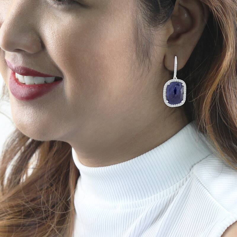 Auriya Fancy Shaped 15ct Blue Sapphire and 1 1/5ctw Halo Diamond Drop Earrings 14k White Gold