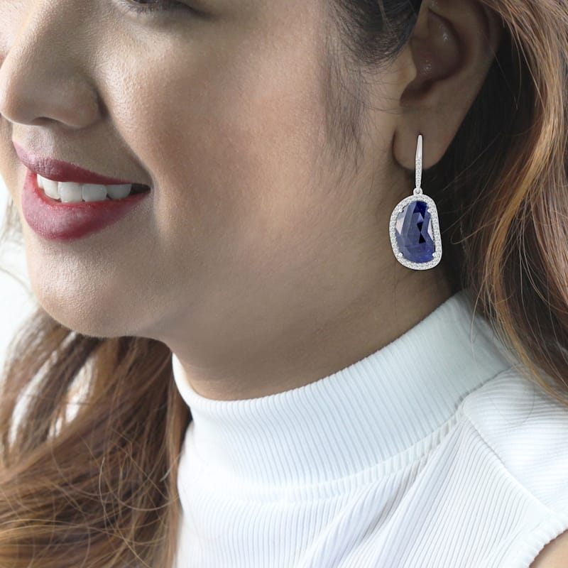 Auriya Fancy Shaped 15ct Blue Sapphire and 1 1/5ctw Halo Diamond Drop Earrings 14k White Gold