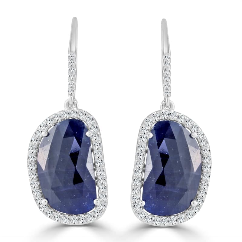 Auriya Fancy Shaped 15ct Blue Sapphire and 1 1/5ctw Halo Diamond Drop Earrings 14k White Gold