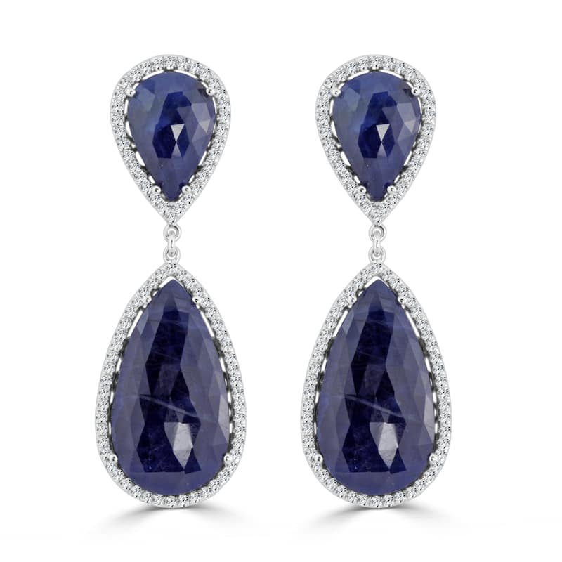 Auriya Fancy 47ct Pear Shaped Blue Sapphire and 2 1/4ctw Halo Diamond Drop Earrings 14K White Gold
