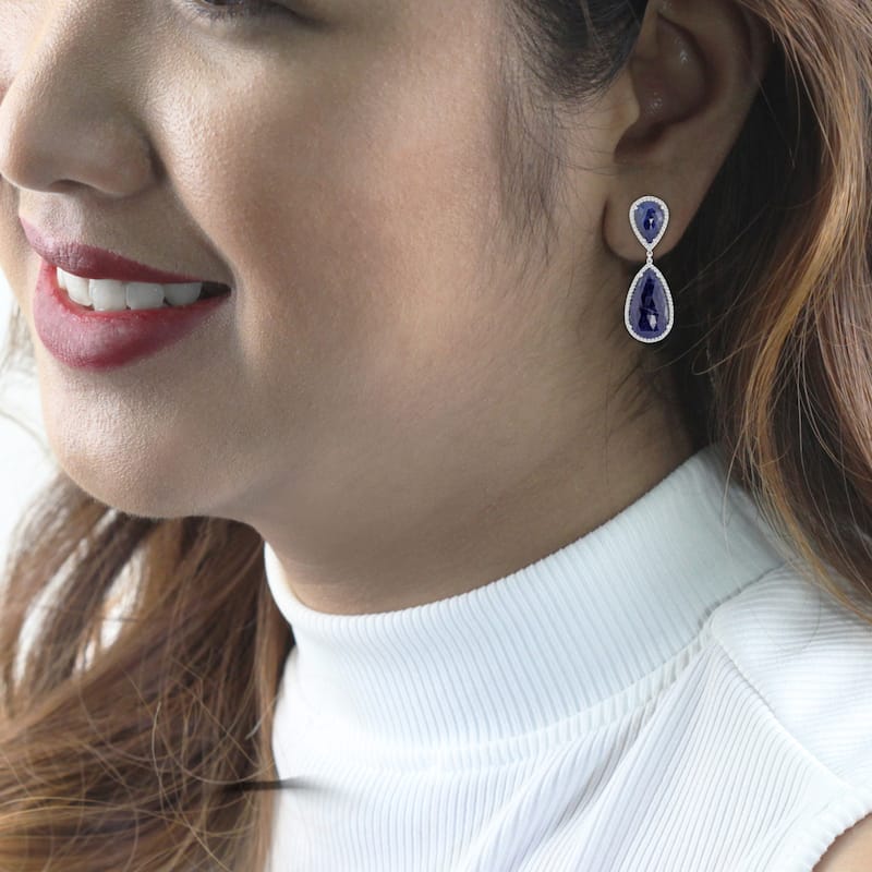 Auriya Fancy 47ct Pear Shaped Blue Sapphire and 2 1/4ctw Halo Diamond Drop Earrings 14K White Gold