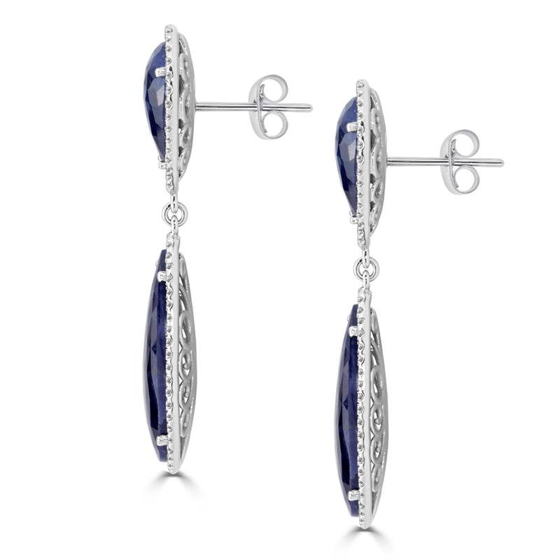 Auriya Fancy 47ct Pear Shaped Blue Sapphire and 2 1/4ctw Halo Diamond Drop Earrings 14K White Gold