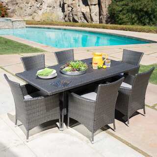 Malta Outdoor Transitional 7 Piece Wicker Dining Set with Water-Resistant Cushions by Christopher Knight Home