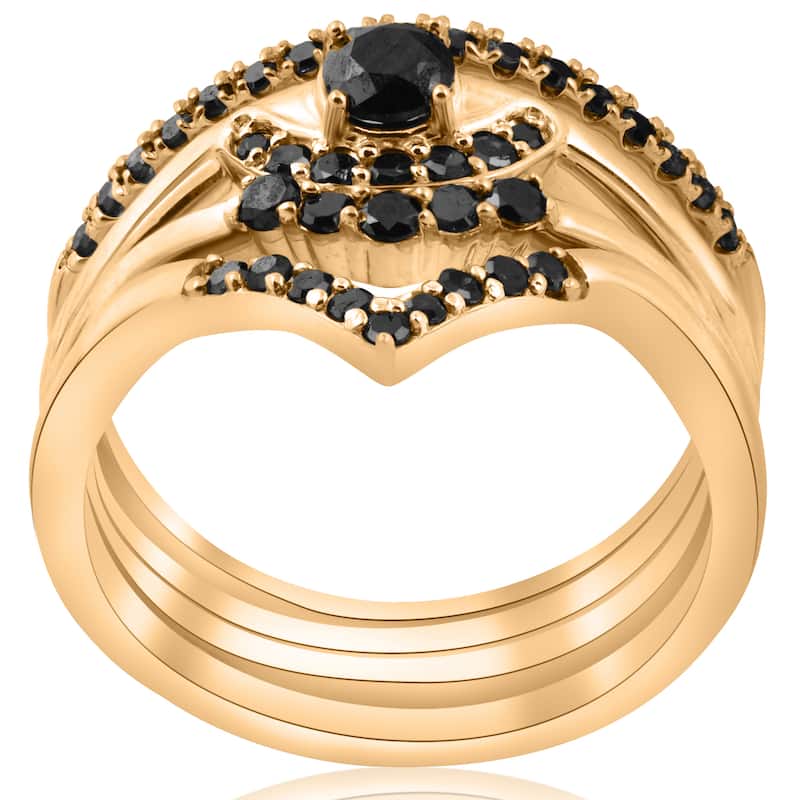 10K Yellow Gold 1/2ct 4-Ring Stackable Black Diamond Curved Wedding Engagement Set