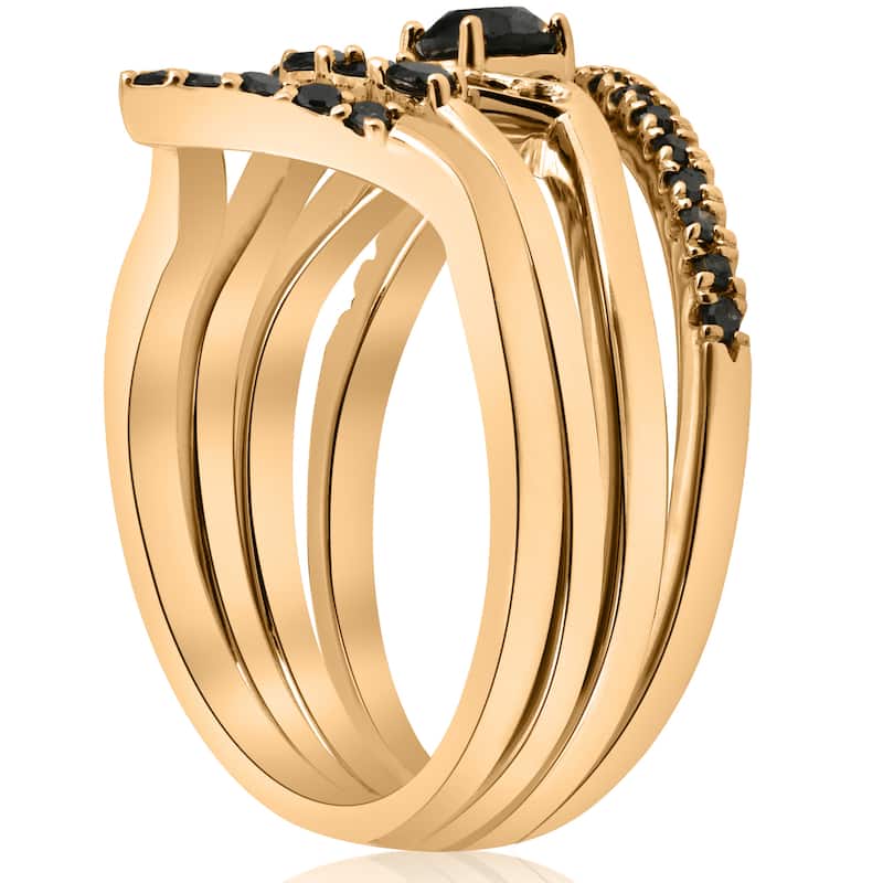 10K Yellow Gold 1/2ct 4-Ring Stackable Black Diamond Curved Wedding Engagement Set