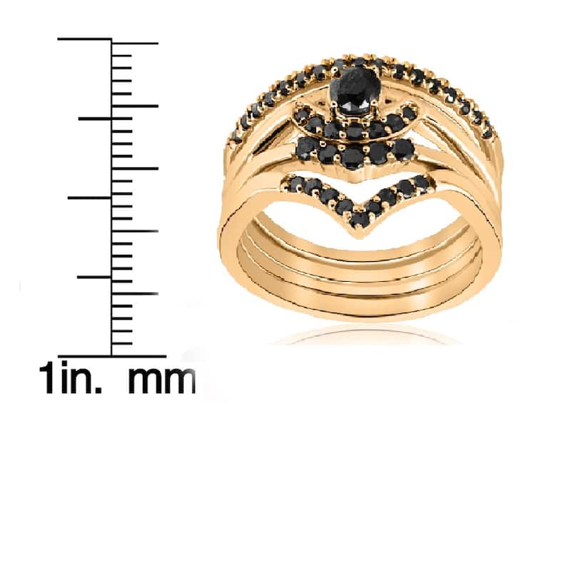 10K Yellow Gold 1/2ct 4-Ring Stackable Black Diamond Curved Wedding Engagement Set