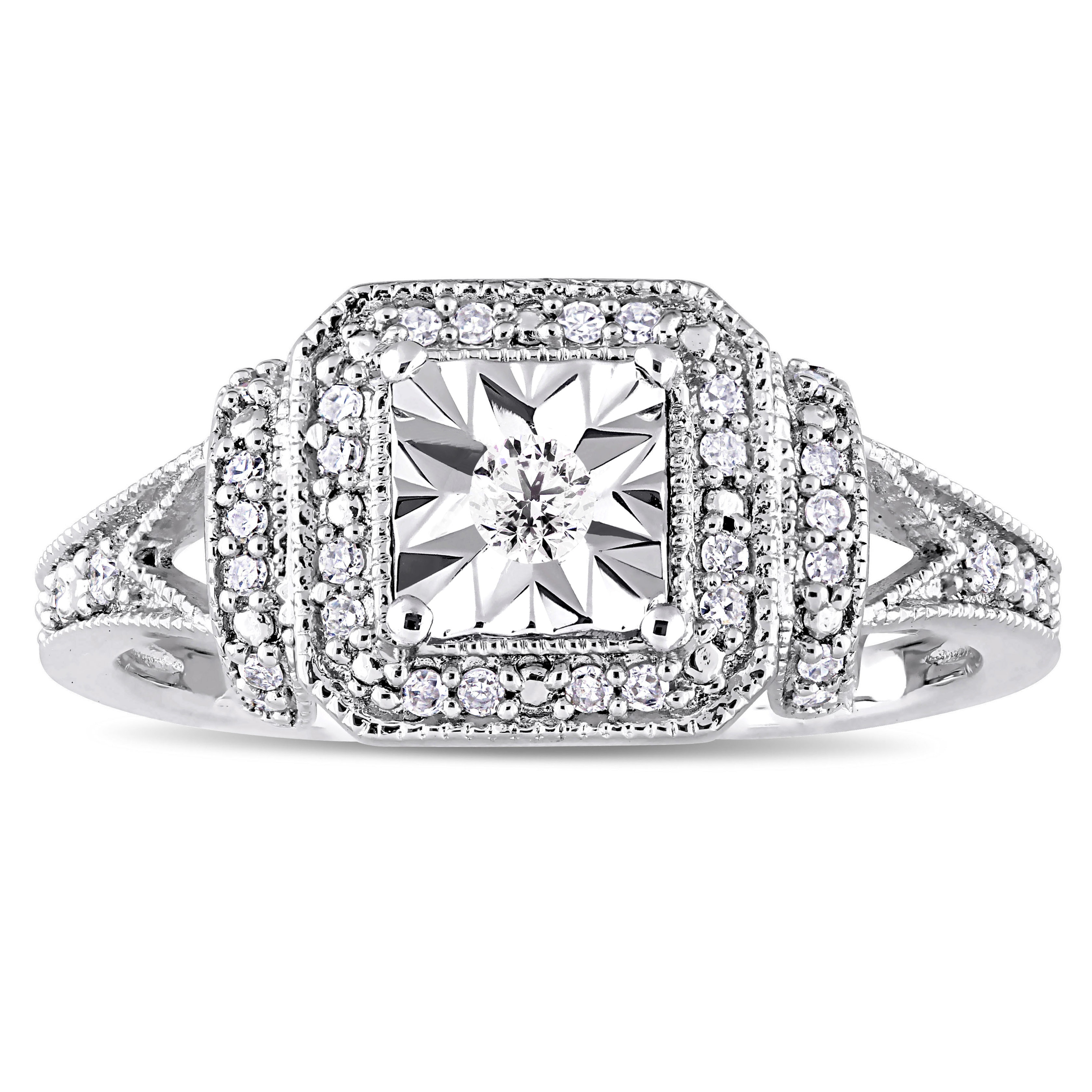 Miadora Sterling Silver 1/5ct TDW Diamond Square Halo Engagement Ring - White