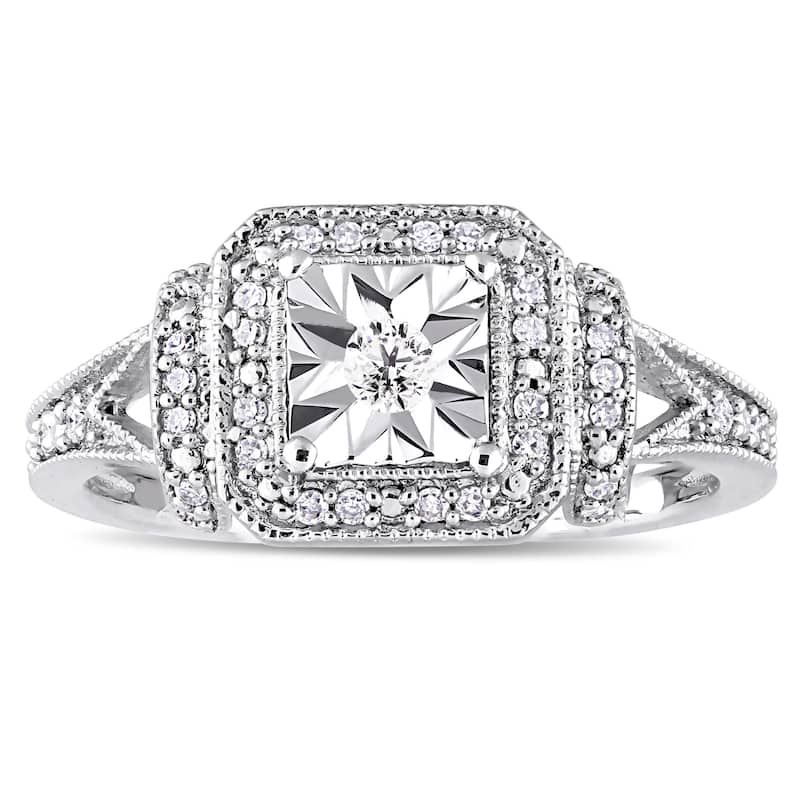 Miadora Sterling Silver 1/5ct TDW Diamond Square Halo Engagement Ring - White