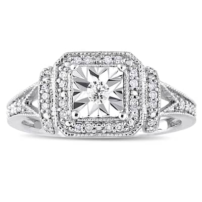 Miadora Sterling Silver 1/5ct TDW Diamond Square Halo Engagement Ring - White