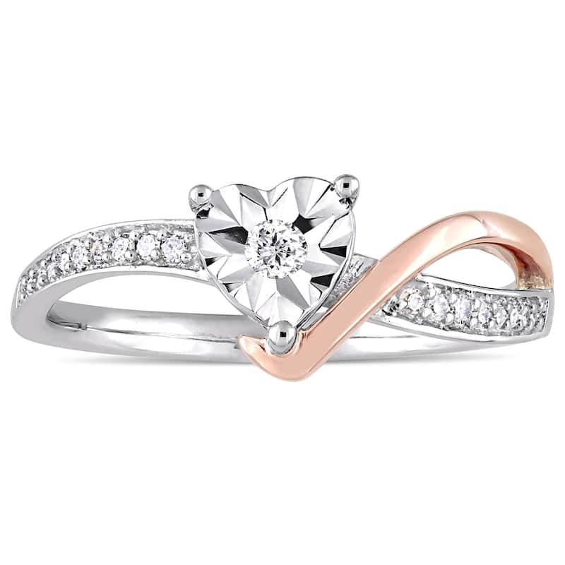 Miadora 10k 2-Tone White and Rose Gold 1/10ct TDW Diamond Heart-Shaped Crossover Engagement Ring