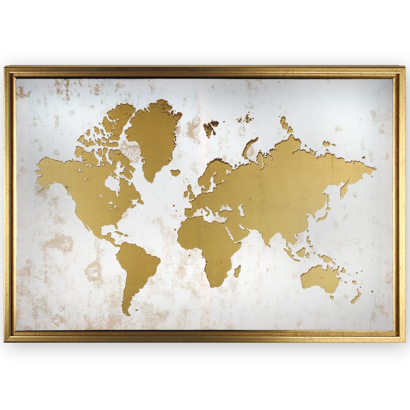 Framed White and Gold World Map