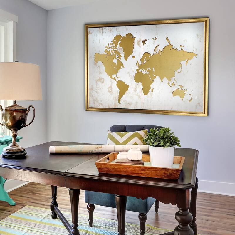 Framed White and Gold World Map