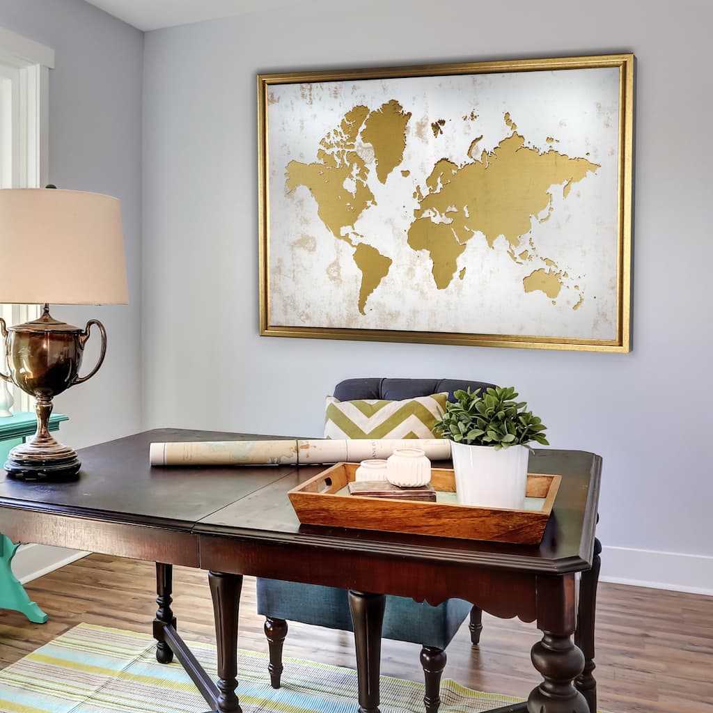 Framed White and Gold World Map