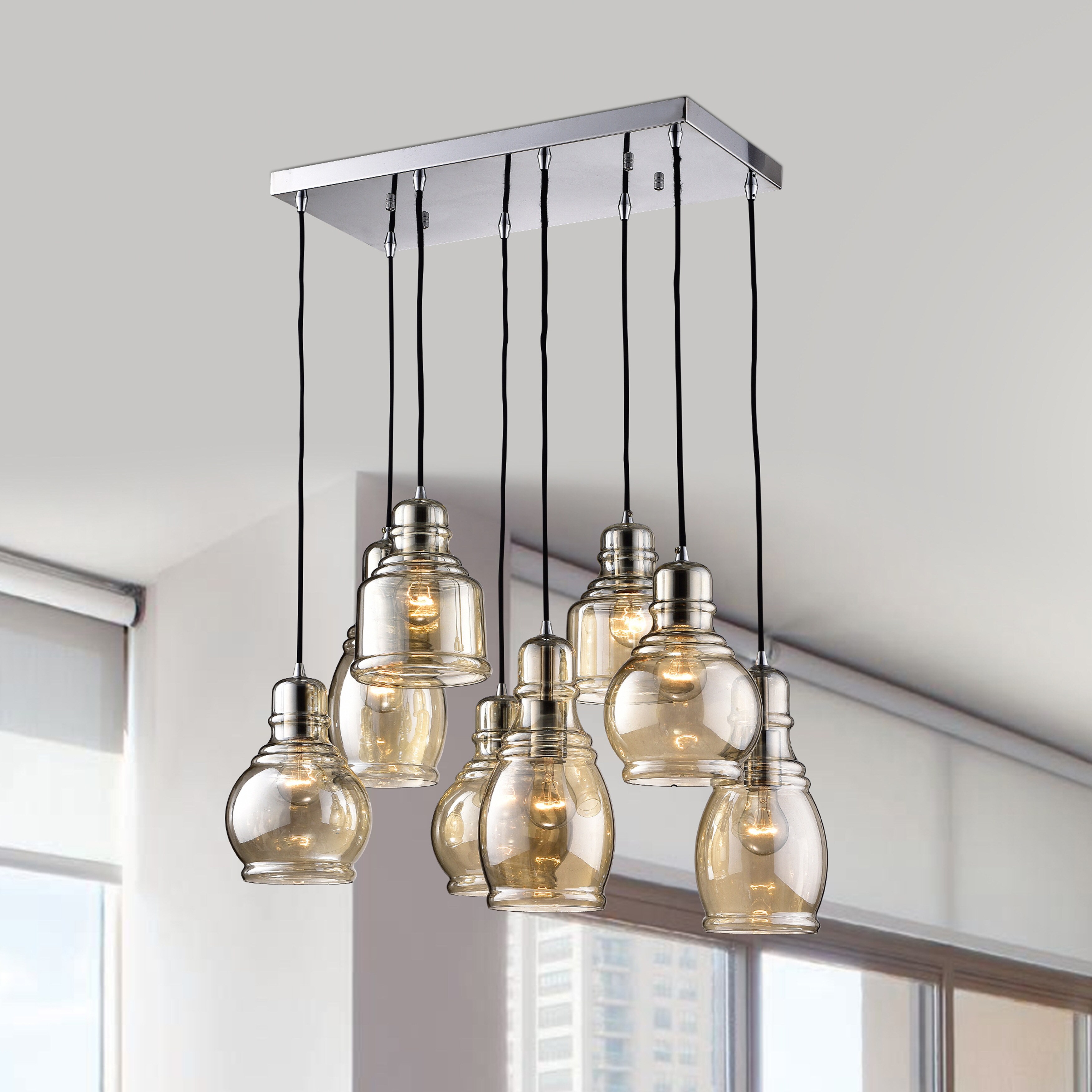 Mariana Chrome Metal and Glass 8-light Cluster Pendant Chandelier (8-Light, Cognac Glass, Chrome Finish) - Chandeliers For Bedrooms by Overstock.com