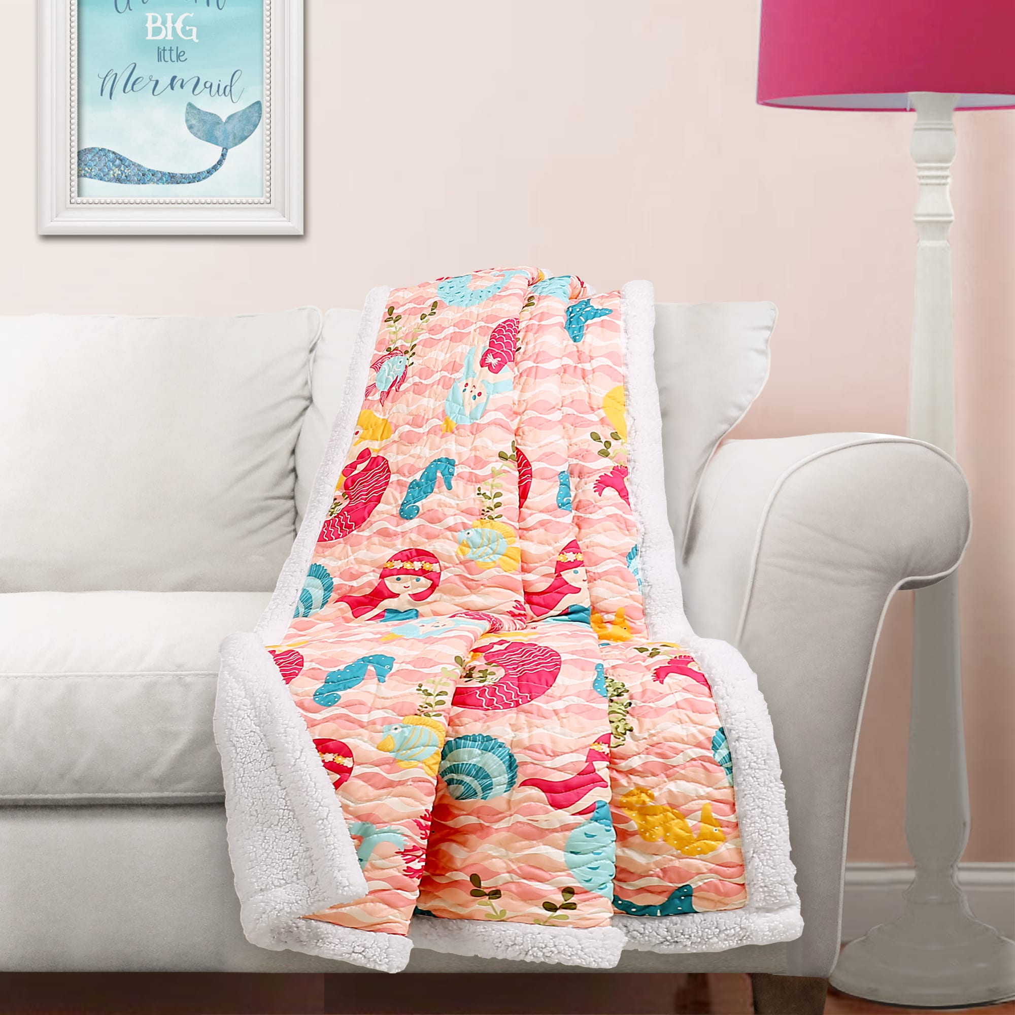 Sherpa Lined Throw Blanket 50" x 60" Soft Plush Reversible Mermaid Textured