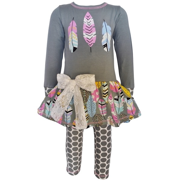 AnnLoren Girls Boutique Feathers Tunic & Polka Dot Leggings